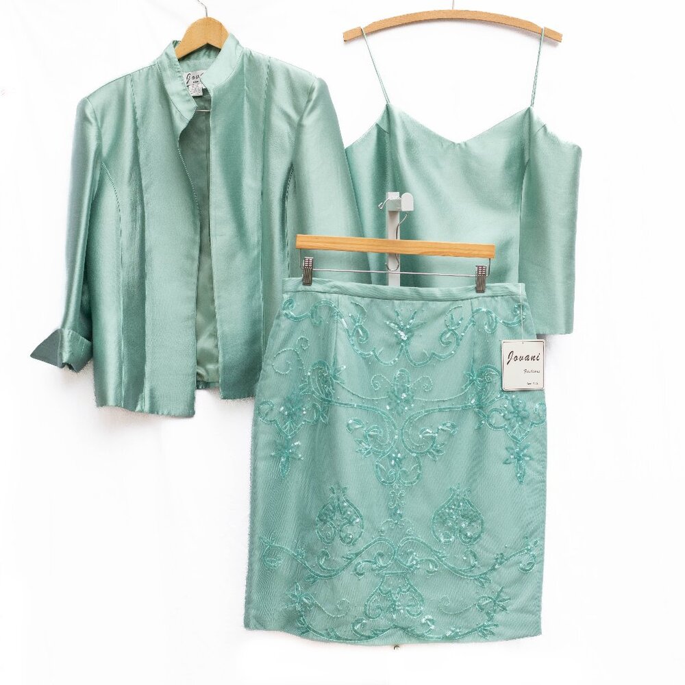 Jovani NY 3 Pc Silk Wool Set 18M Aquamarine‎ Blazer Tank Lace Skirt Beaded NWT